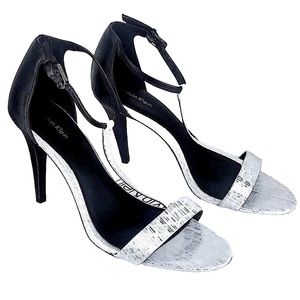 CALVIN KLEIN NASI Leather T-Strap Open-Toe Heels, BLACK/SILVER, 10M, NEW IN BOX!